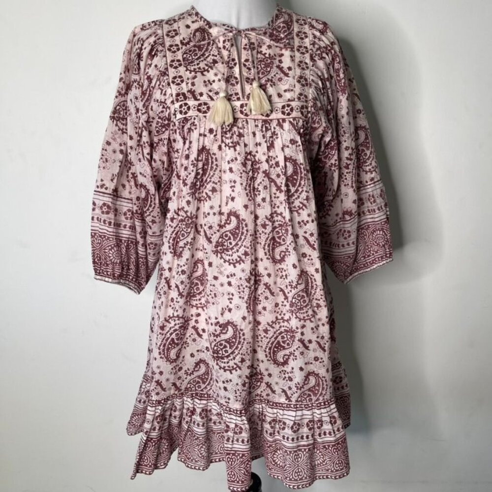 Cleobella Magdalena Mini Dress Paisley Block Print Burgundy White Boho XS